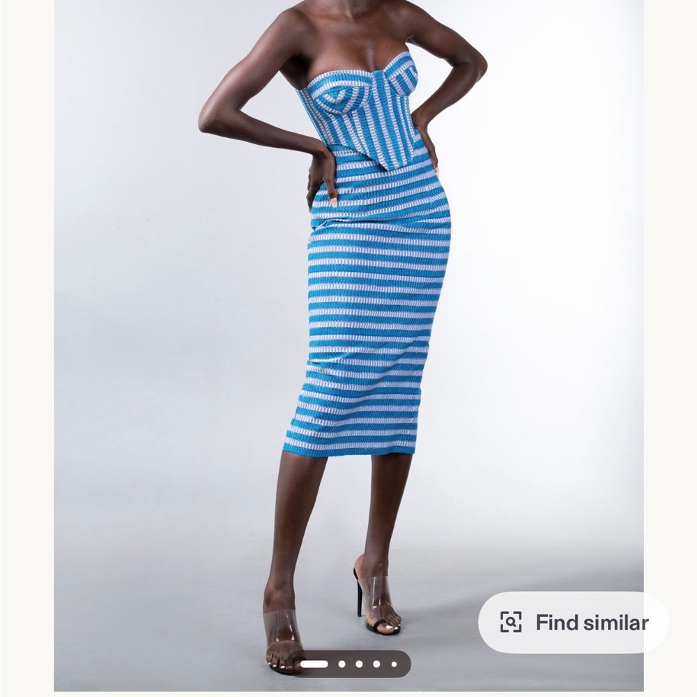 Blue Striped Strapless Knit Skirt Set - Women's Two-Piece